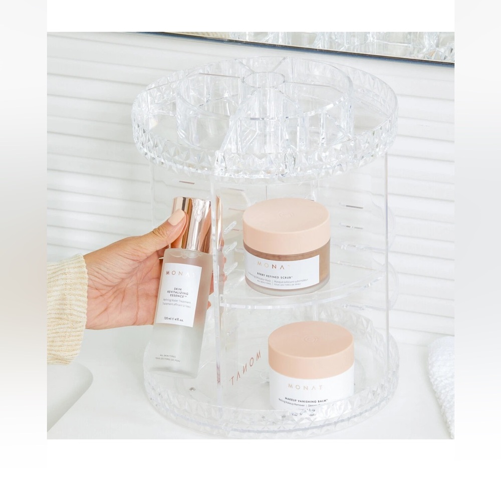 Monat 360° Rotating Acrylic Makeup Organizer 3-Tier Clear Storage NIB